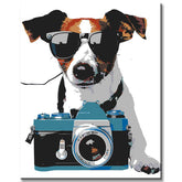 Painting by numbers art dog with glasses and camera